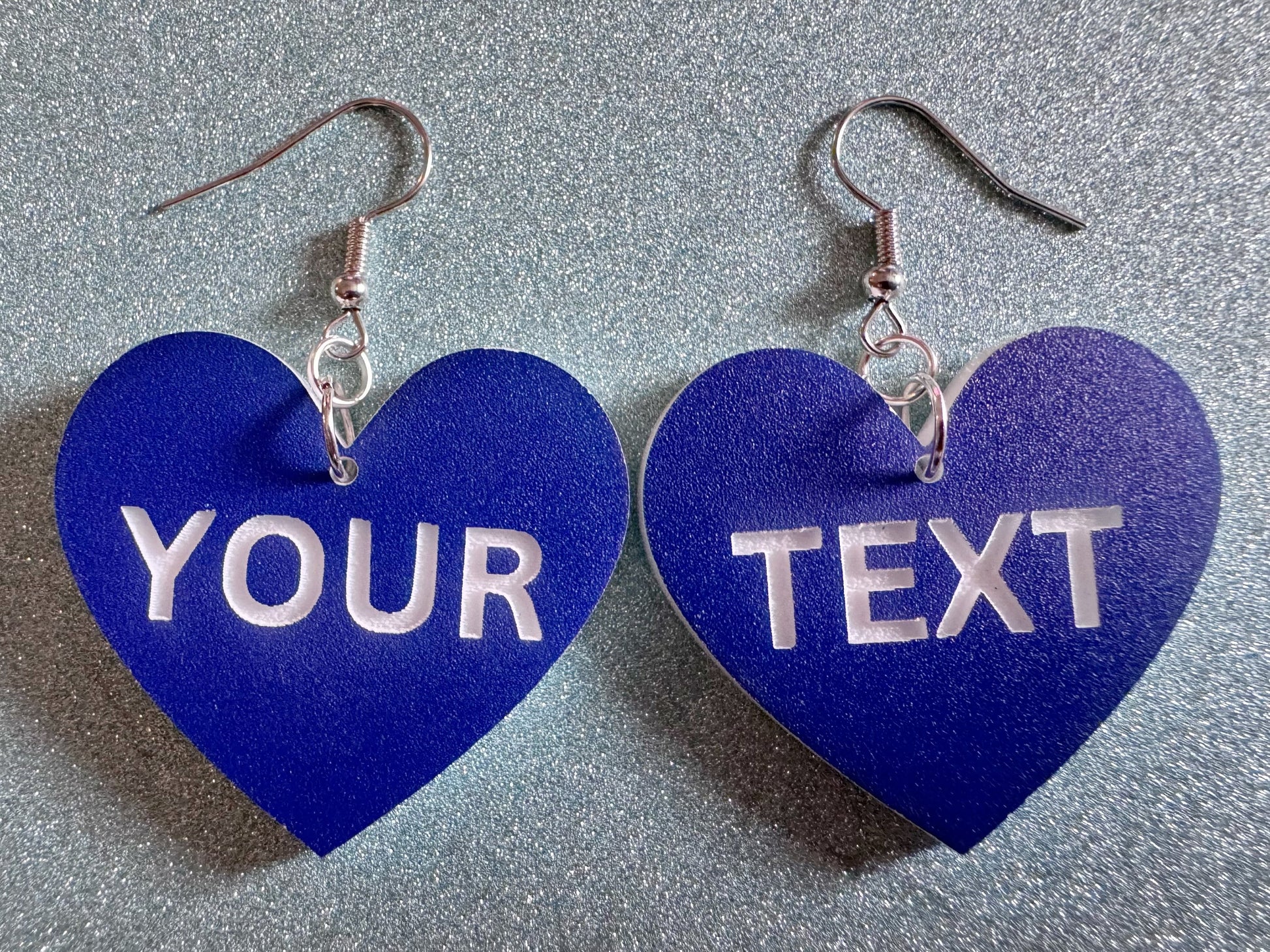 Custom Text Earrings: Laser Engraved Words, Blue with White Text, Letters, Names, Teacher Gift, Anniversary, Best Gifts for Her/Him/Them