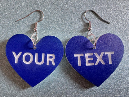 Custom Text Earrings: Laser Engraved Words, Blue with White Text, Letters, Names, Teacher Gift, Anniversary, Best Gifts for Her/Him/Them