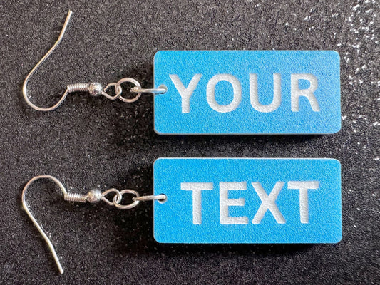 Custom Text Earrings: Laser Engraved Words, Blue with White Text, Letters, Names, Teacher Gift, Anniversary, Best Gifts for Her/Him/Them