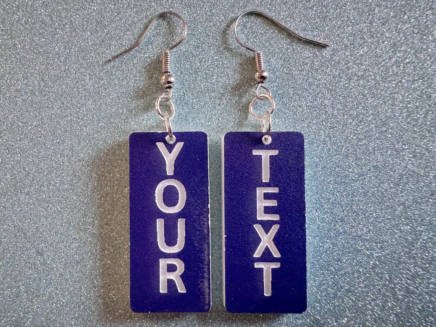 Custom Text Earrings: Laser Engraved Words, Blue with White Text, Letters, Names, Teacher Gift, Anniversary, Best Gifts for Her/Him/Them
