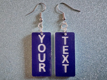 Custom Text Earrings: Laser Engraved Words, Blue with White Text, Letters, Names, Teacher Gift, Anniversary, Best Gifts for Her/Him/Them