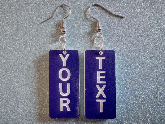 Custom Text Earrings: Laser Engraved Words, Blue with White Text, Letters, Names, Teacher Gift, Anniversary, Best Gifts for Her/Him/Them