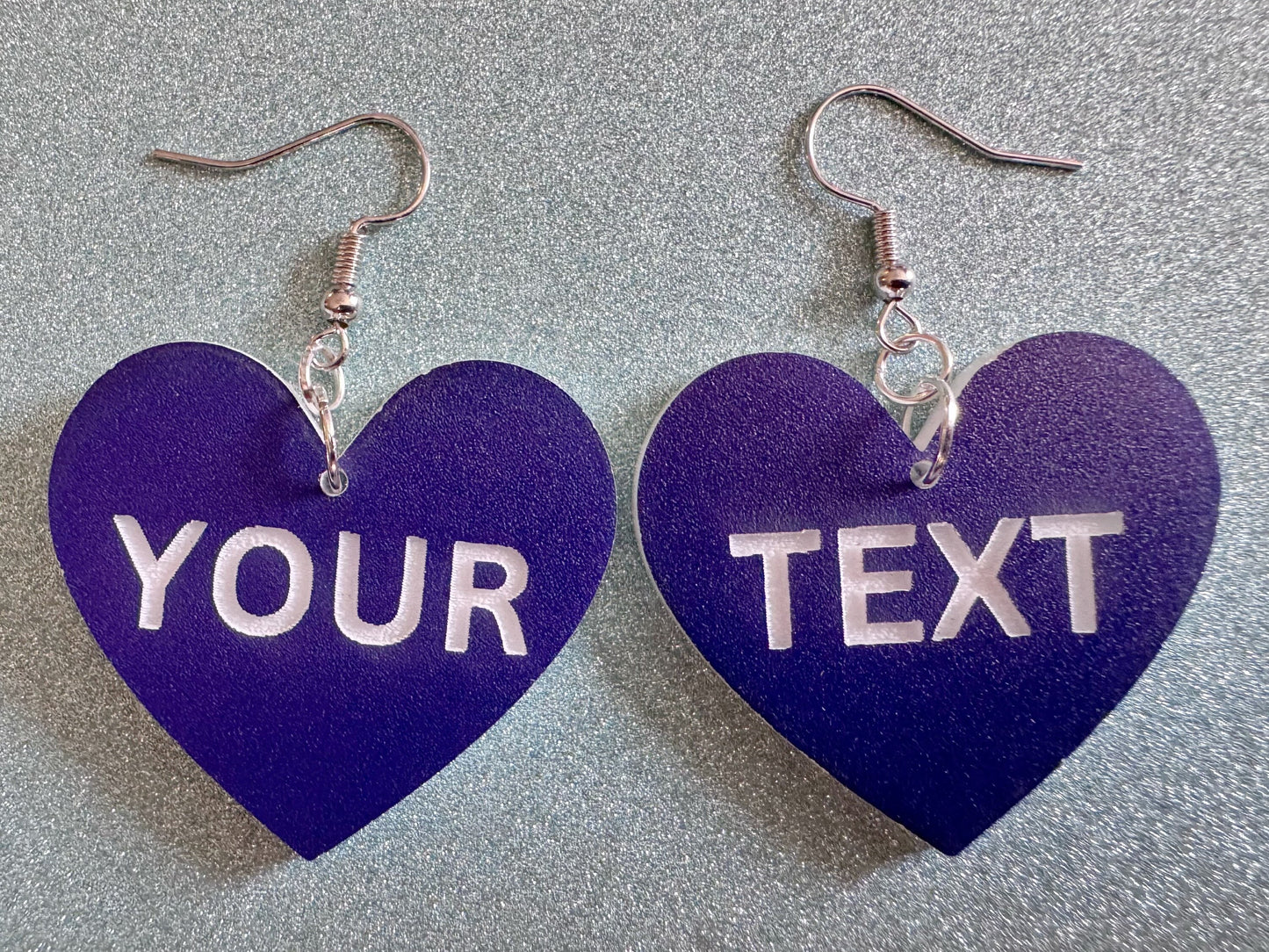 Custom Text Earrings: Laser Engraved Words, Blue with White Text, Letters, Names, Teacher Gift, Anniversary, Best Gifts for Her/Him/Them