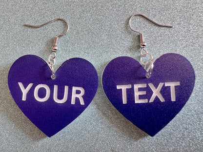 Custom Text Earrings: Laser Engraved Words, Blue with White Text, Letters, Names, Teacher Gift, Anniversary, Best Gifts for Her/Him/Them