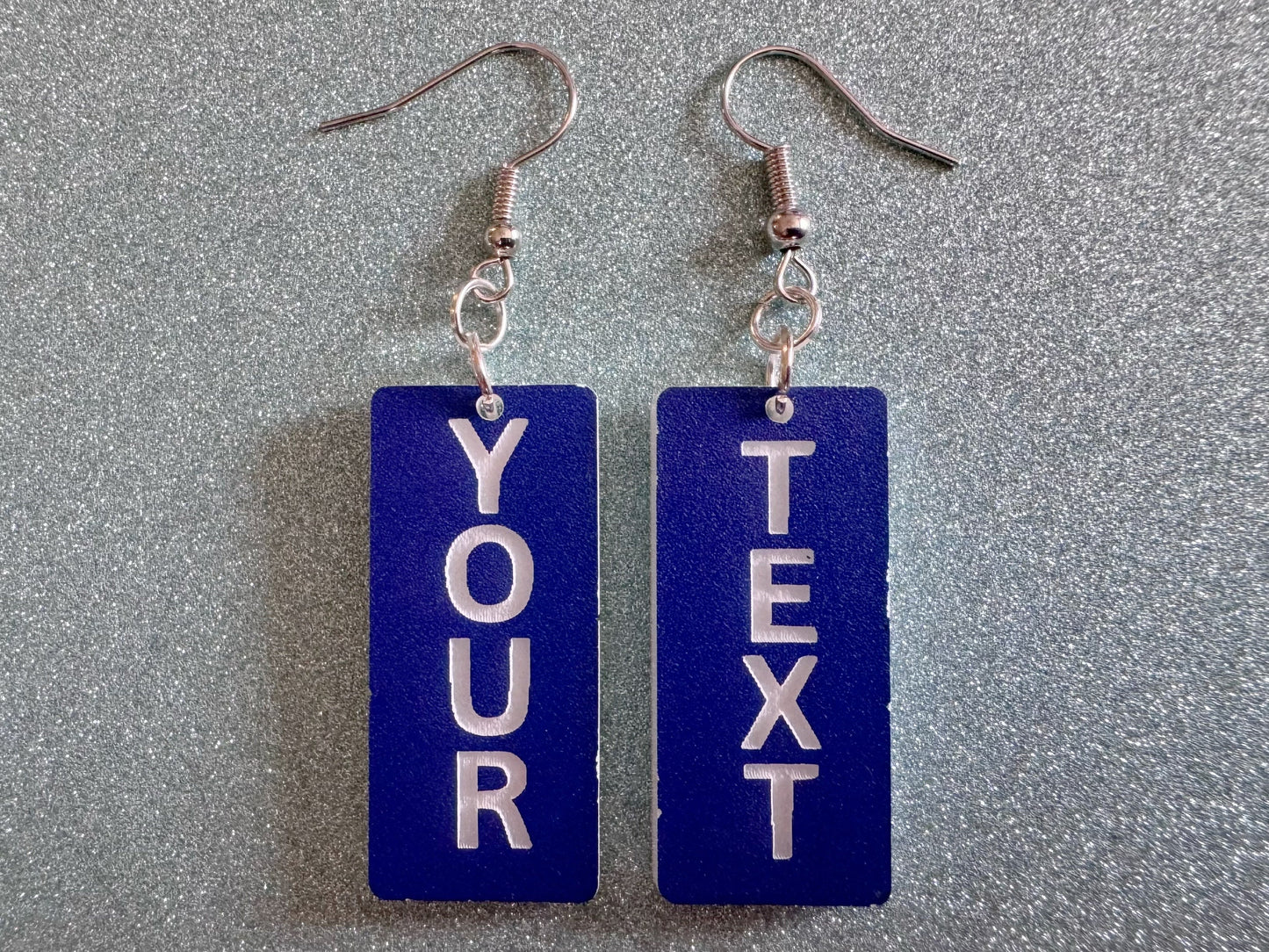 Custom Text Earrings: Laser Engraved Words, Blue with White Text, Letters, Names, Teacher Gift, Anniversary, Best Gifts for Her/Him/Them