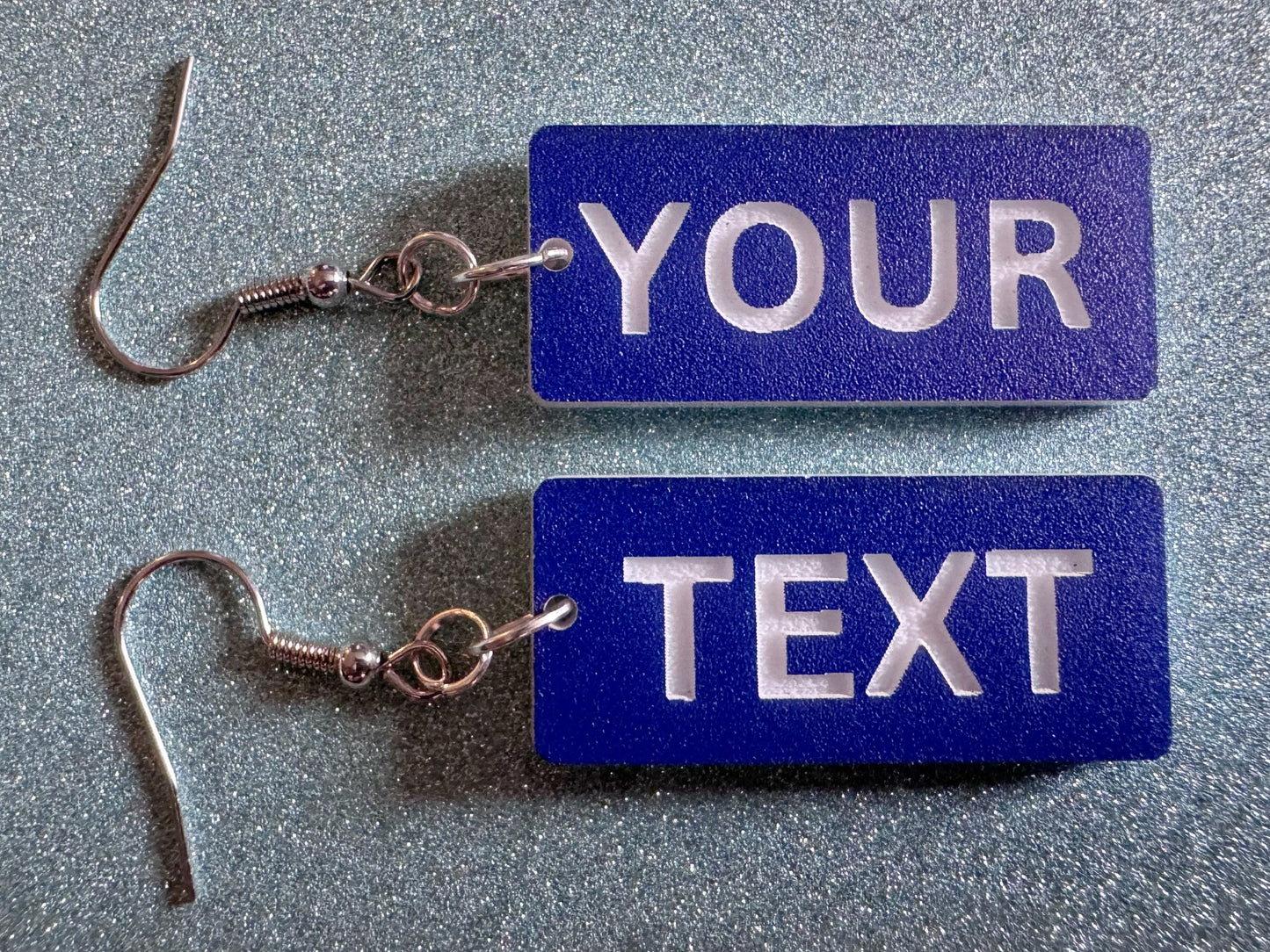 Custom Text Earrings: Laser Engraved Words, Blue with White Text, Letters, Names, Teacher Gift, Anniversary, Best Gifts for Her/Him/Them