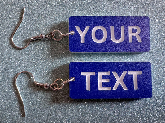 Custom Text Earrings: Laser Engraved Words, Blue with White Text, Letters, Names, Teacher Gift, Anniversary, Best Gifts for Her/Him/Them