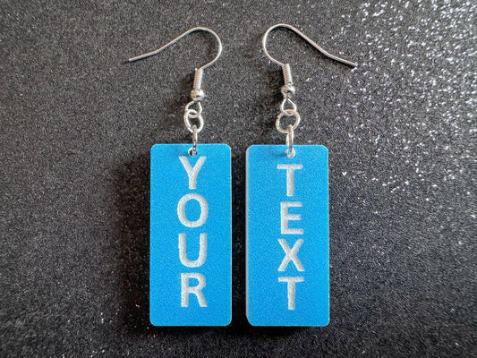 Custom Text Earrings: Laser Engraved Words, Blue with White Text, Letters, Names, Teacher Gift, Anniversary, Best Gifts for Her/Him/Them