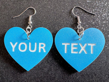 Custom Text Earrings: Laser Engraved Words, Blue with White Text, Letters, Names, Teacher Gift, Anniversary, Best Gifts for Her/Him/Them