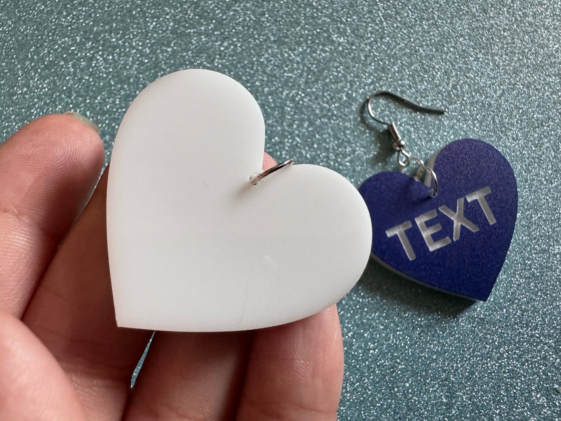 Custom Text Earrings: Laser Engraved Words, Blue with White Text, Letters, Names, Teacher Gift, Anniversary, Best Gifts for Her/Him/Them