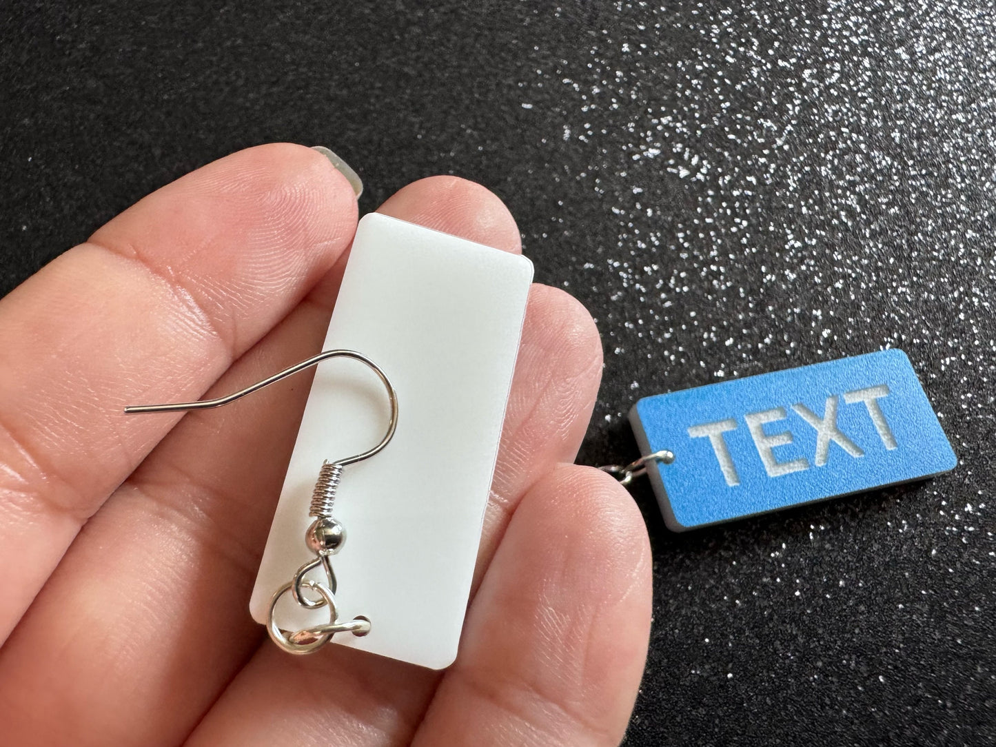 Custom Text Earrings: Laser Engraved Words, Blue with White Text, Letters, Names, Teacher Gift, Anniversary, Best Gifts for Her/Him/Them