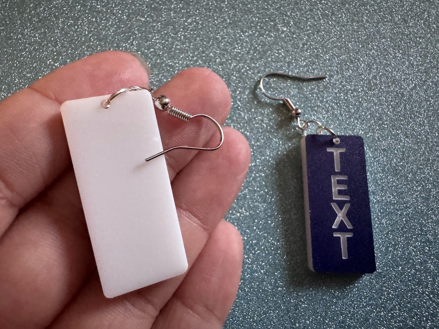 Custom Text Earrings: Laser Engraved Words, Blue with White Text, Letters, Names, Teacher Gift, Anniversary, Best Gifts for Her/Him/Them