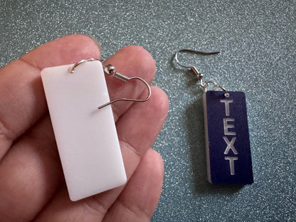 Custom Text Earrings: Laser Engraved Words, Blue with White Text, Letters, Names, Teacher Gift, Anniversary, Best Gifts for Her/Him/Them
