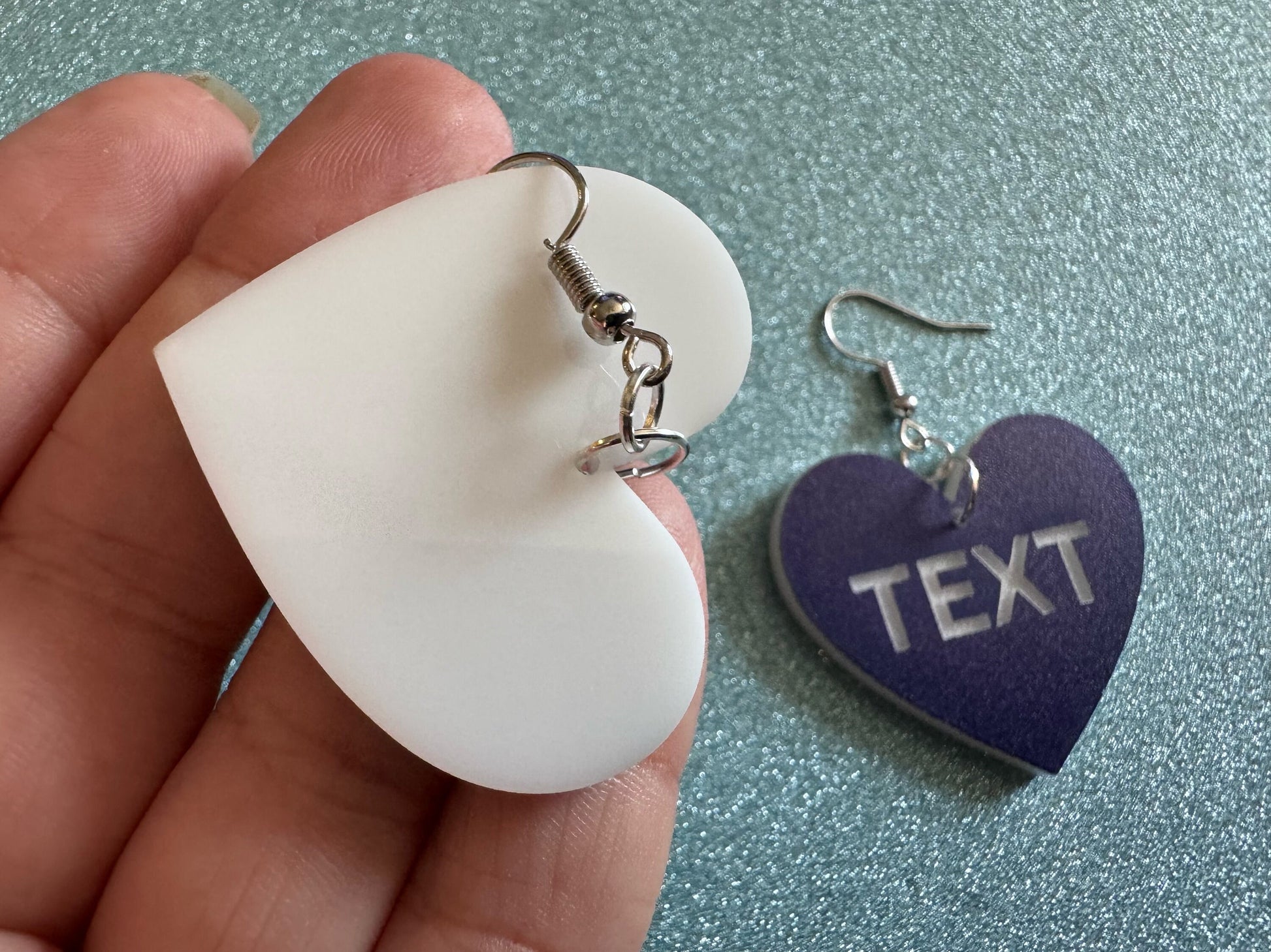 Custom Text Earrings: Laser Engraved Words, Blue with White Text, Letters, Names, Teacher Gift, Anniversary, Best Gifts for Her/Him/Them
