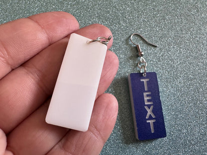 Custom Text Earrings: Laser Engraved Words, Blue with White Text, Letters, Names, Teacher Gift, Anniversary, Best Gifts for Her/Him/Them