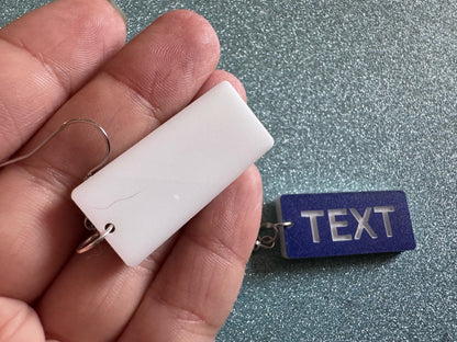 Custom Text Earrings: Laser Engraved Words, Blue with White Text, Letters, Names, Teacher Gift, Anniversary, Best Gifts for Her/Him/Them