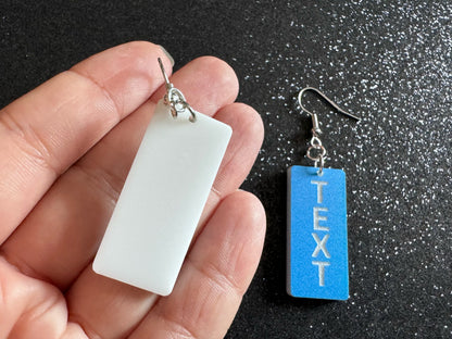 Custom Text Earrings: Laser Engraved Words, Blue with White Text, Letters, Names, Teacher Gift, Anniversary, Best Gifts for Her/Him/Them