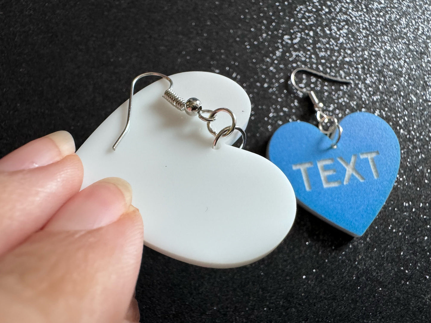 Custom Text Earrings: Laser Engraved Words, Blue with White Text, Letters, Names, Teacher Gift, Anniversary, Best Gifts for Her/Him/Them