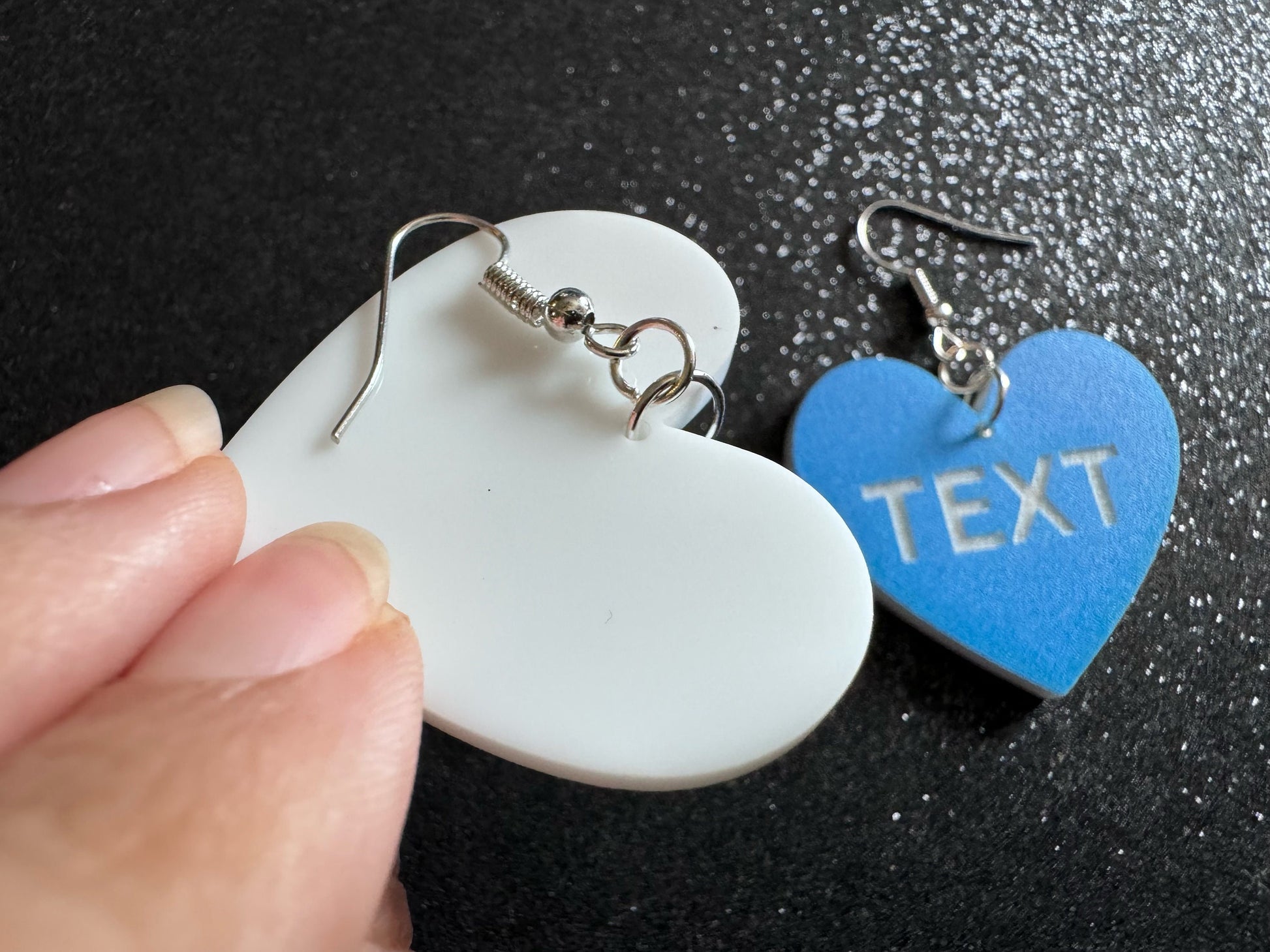 Custom Text Earrings: Laser Engraved Words, Blue with White Text, Letters, Names, Teacher Gift, Anniversary, Best Gifts for Her/Him/Them
