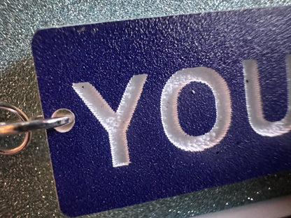 Custom Text Earrings: Laser Engraved Words, Blue with White Text, Letters, Names, Teacher Gift, Anniversary, Best Gifts for Her/Him/Them