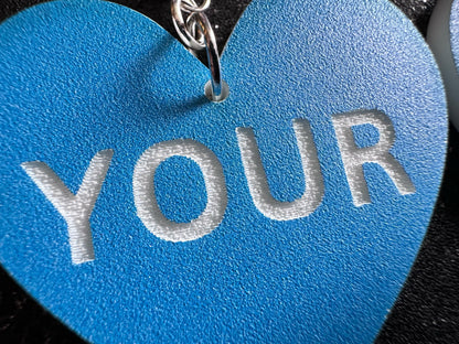 Custom Text Earrings: Laser Engraved Words, Blue with White Text, Letters, Names, Teacher Gift, Anniversary, Best Gifts for Her/Him/Them