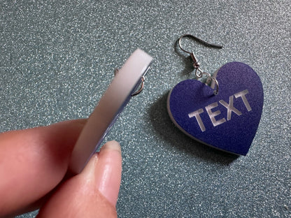 Custom Text Earrings: Laser Engraved Words, Blue with White Text, Letters, Names, Teacher Gift, Anniversary, Best Gifts for Her/Him/Them