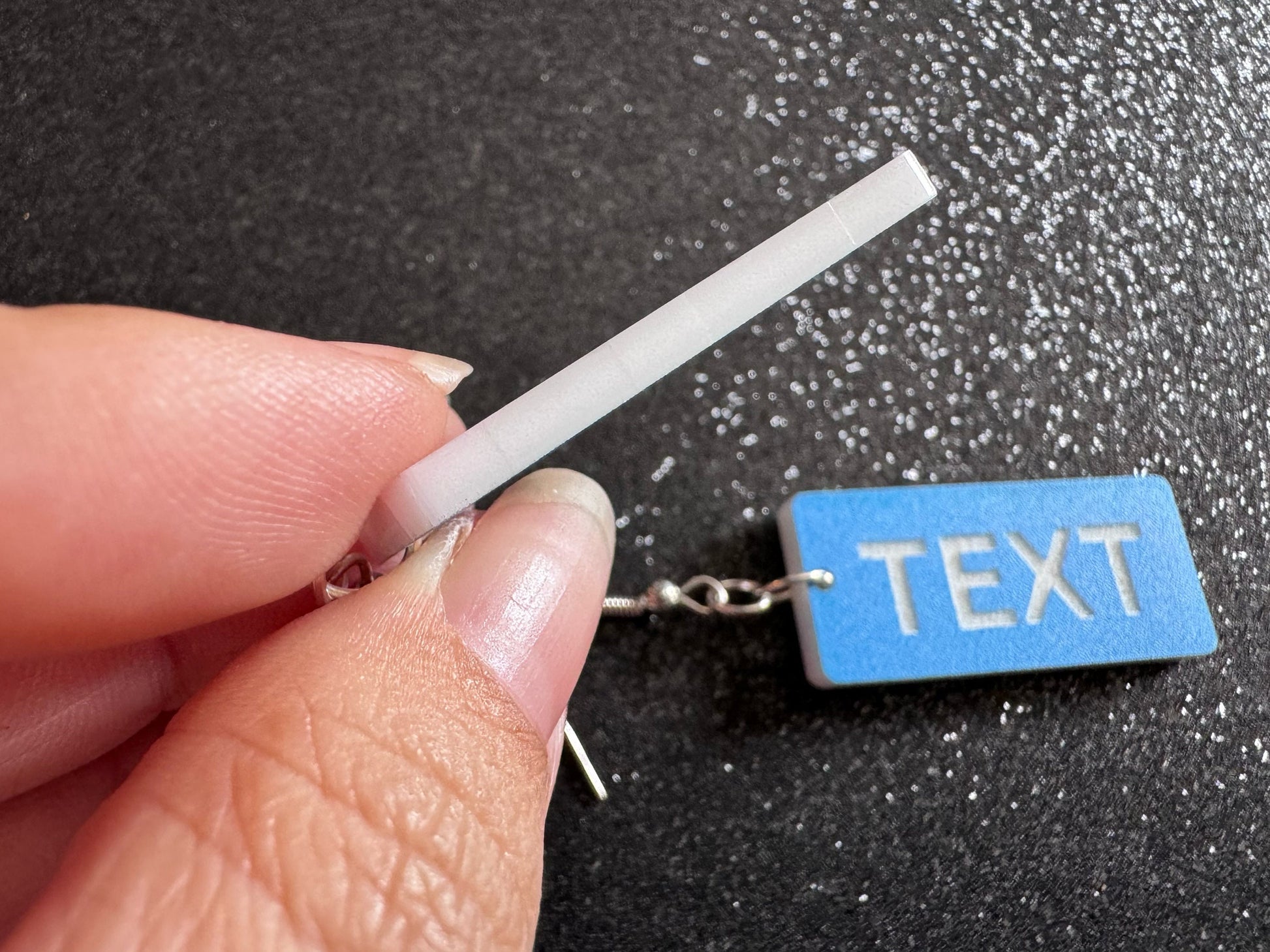 Custom Text Earrings: Laser Engraved Words, Blue with White Text, Letters, Names, Teacher Gift, Anniversary, Best Gifts for Her/Him/Them