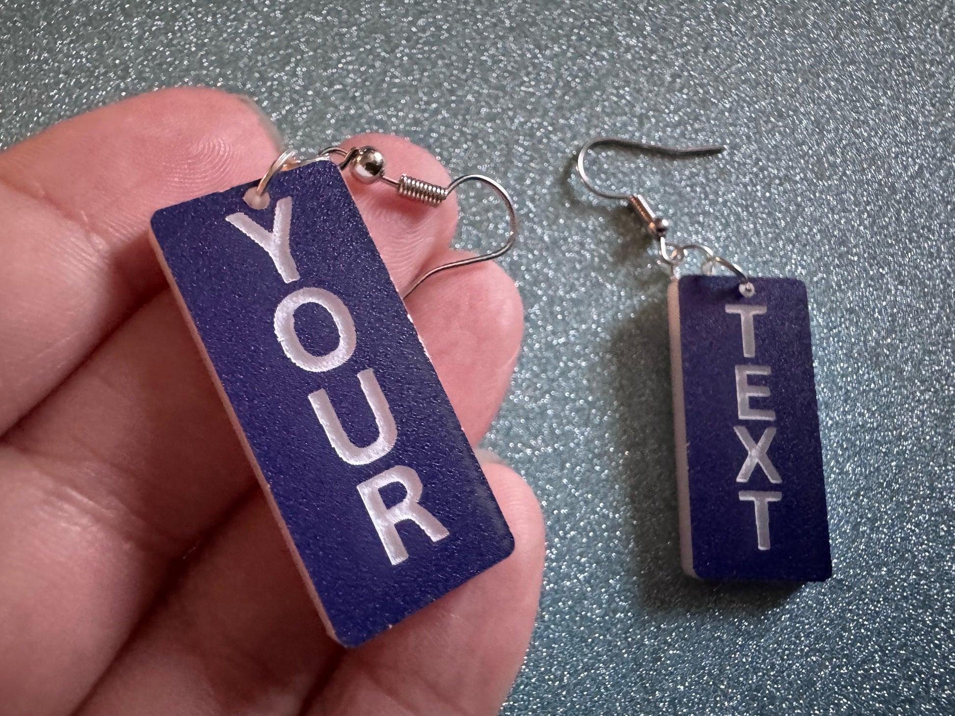 Custom Text Earrings: Laser Engraved Words, Blue with White Text, Letters, Names, Teacher Gift, Anniversary, Best Gifts for Her/Him/Them