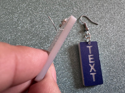 Custom Text Earrings: Laser Engraved Words, Blue with White Text, Letters, Names, Teacher Gift, Anniversary, Best Gifts for Her/Him/Them