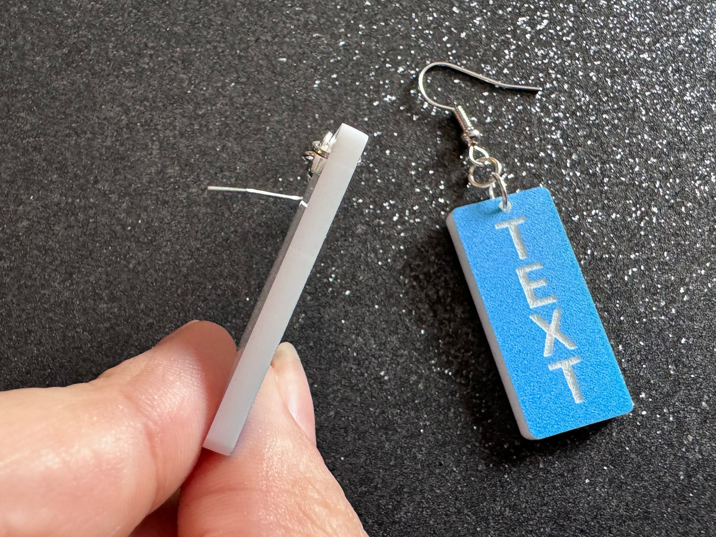 Custom Text Earrings: Laser Engraved Words, Blue with White Text, Letters, Names, Teacher Gift, Anniversary, Best Gifts for Her/Him/Them