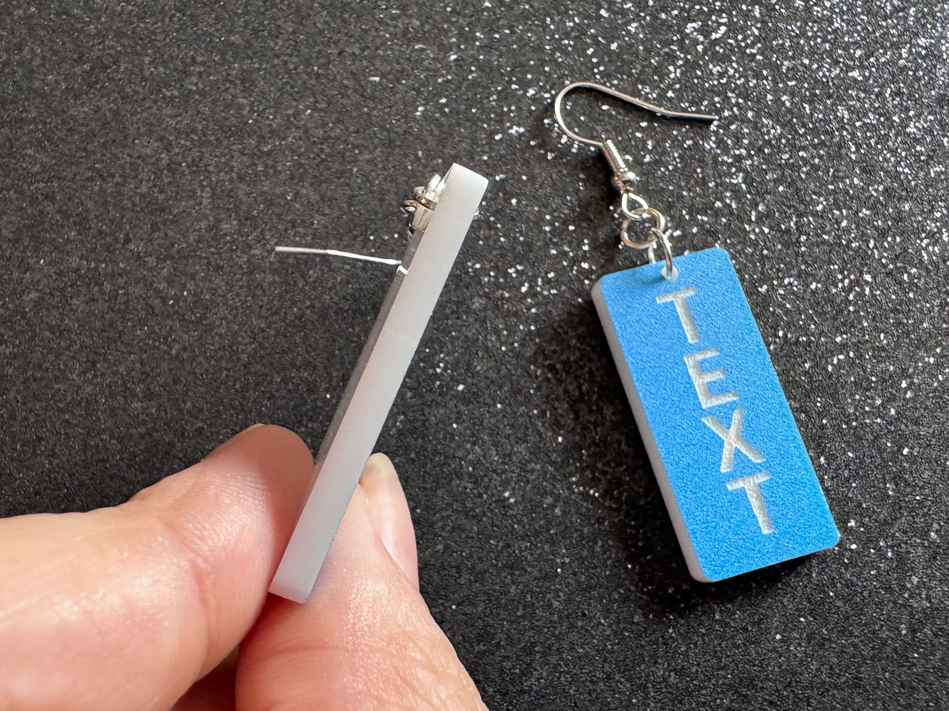 Custom Text Earrings: Laser Engraved Words, Blue with White Text, Letters, Names, Teacher Gift, Anniversary, Best Gifts for Her/Him/Them