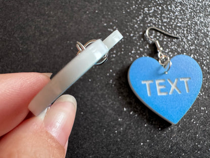 Custom Text Earrings: Laser Engraved Words, Blue with White Text, Letters, Names, Teacher Gift, Anniversary, Best Gifts for Her/Him/Them