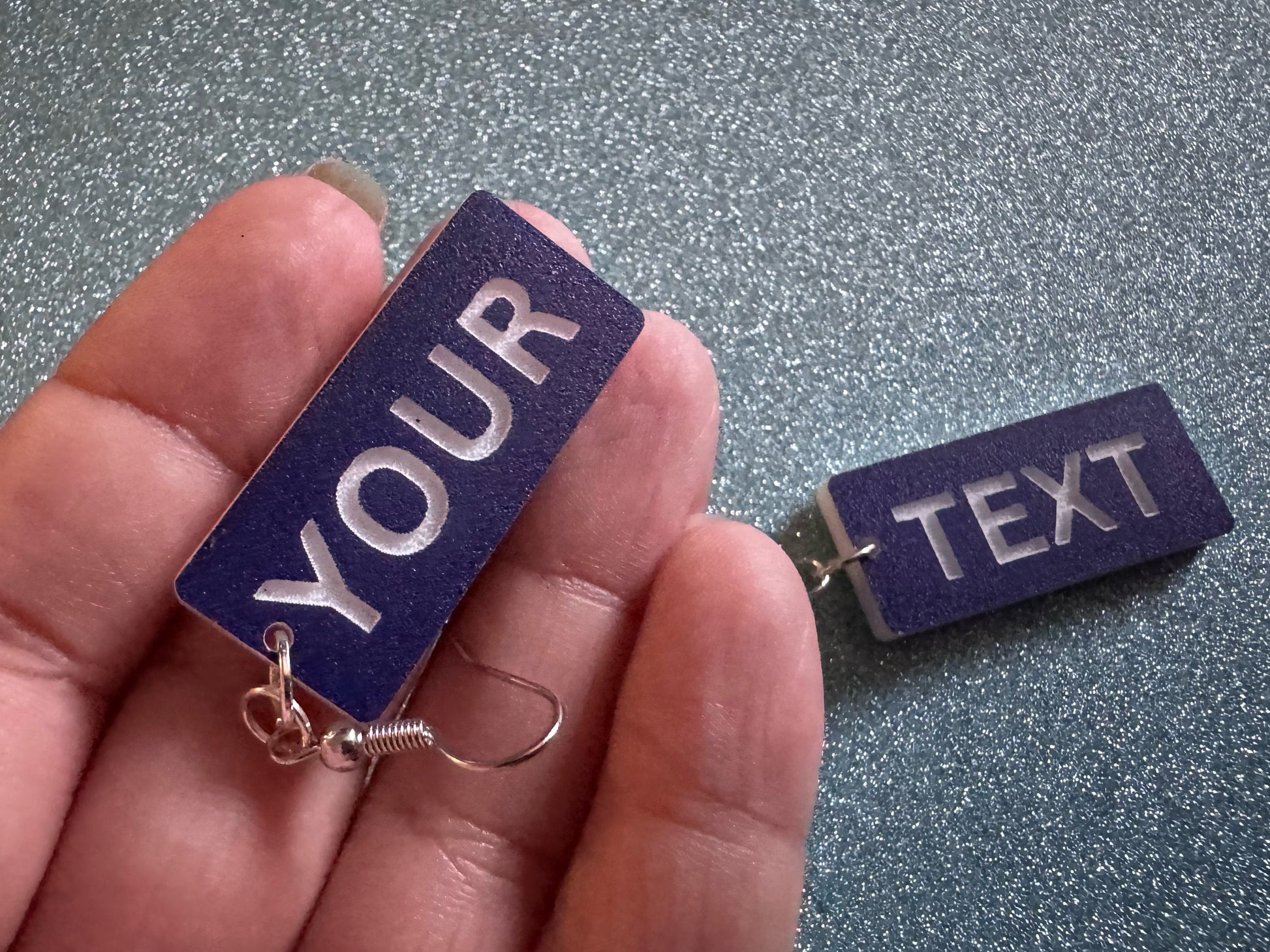 Custom Text Earrings: Laser Engraved Words, Blue with White Text, Letters, Names, Teacher Gift, Anniversary, Best Gifts for Her/Him/Them