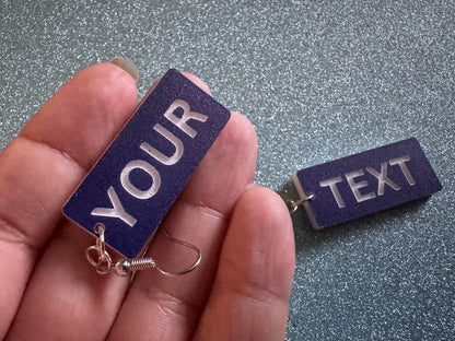 Custom Text Earrings: Laser Engraved Words, Blue with White Text, Letters, Names, Teacher Gift, Anniversary, Best Gifts for Her/Him/Them