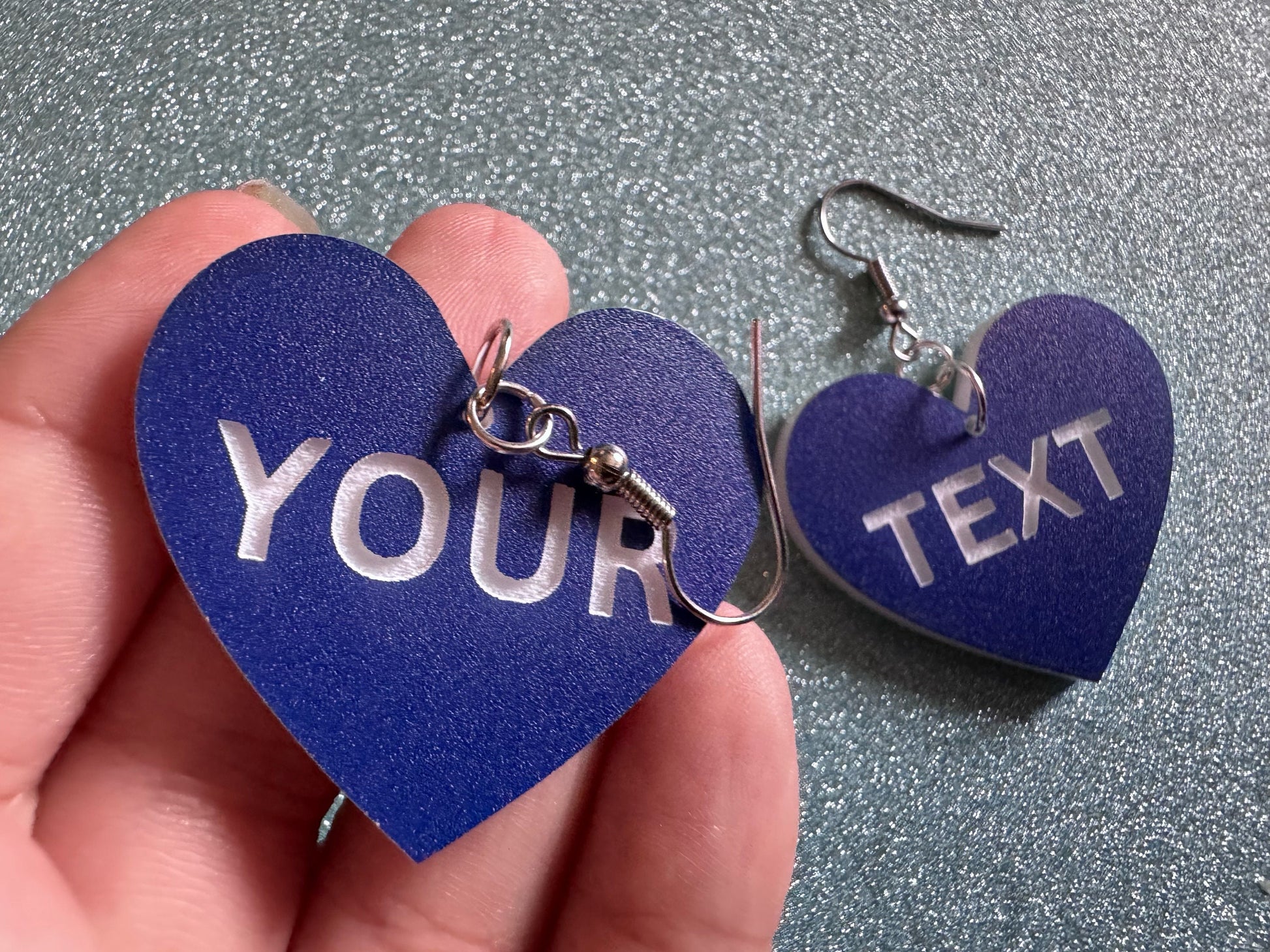 Custom Text Earrings: Laser Engraved Words, Blue with White Text, Letters, Names, Teacher Gift, Anniversary, Best Gifts for Her/Him/Them