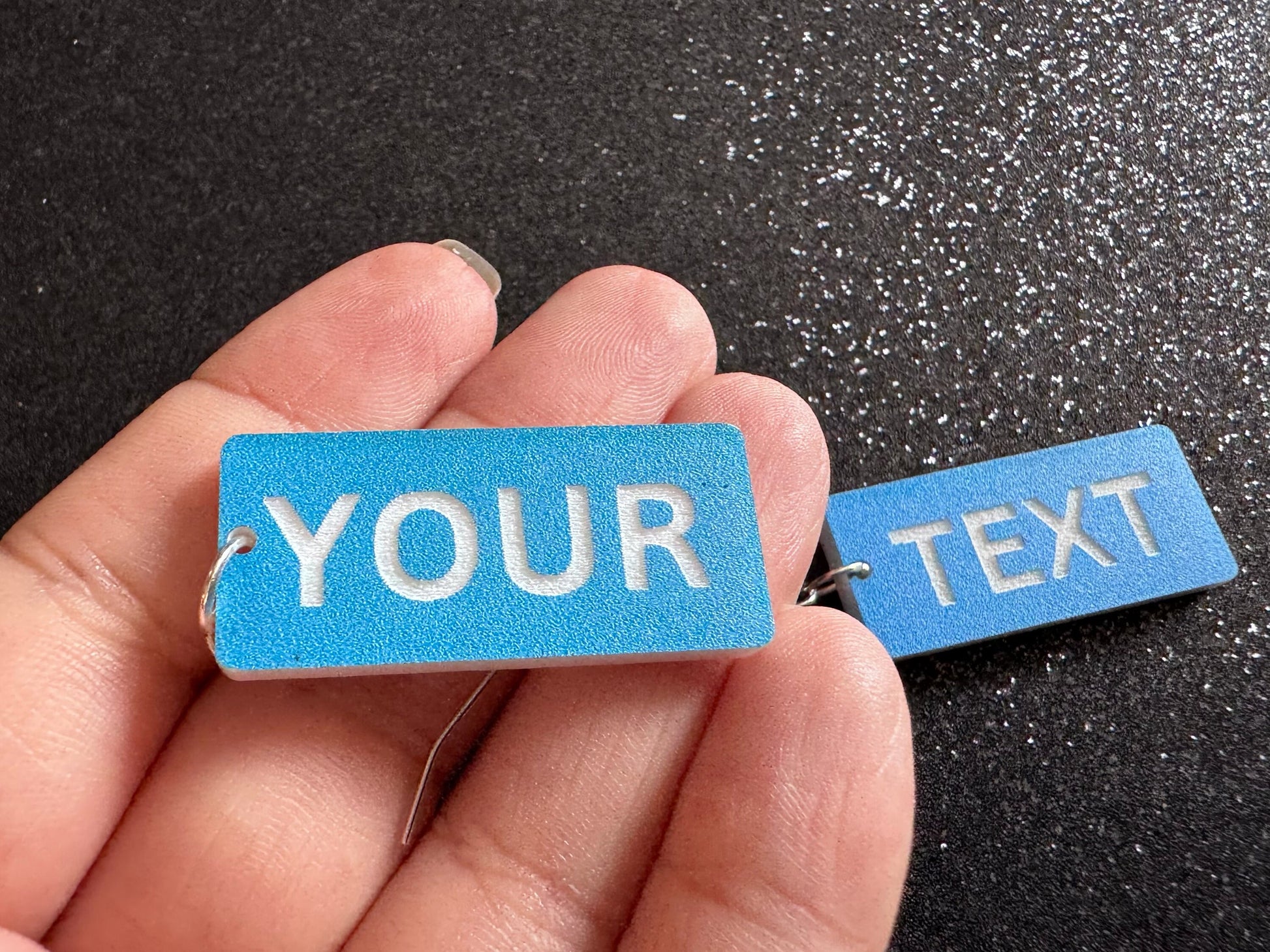 Custom Text Earrings: Laser Engraved Words, Blue with White Text, Letters, Names, Teacher Gift, Anniversary, Best Gifts for Her/Him/Them