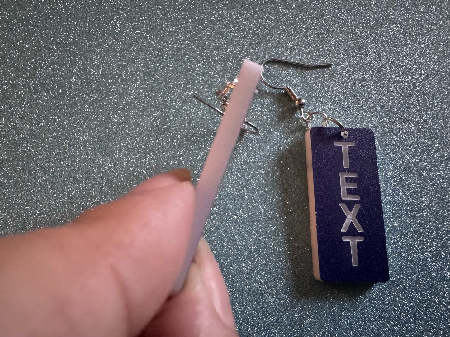 Custom Text Earrings: Laser Engraved Words, Blue with White Text, Letters, Names, Teacher Gift, Anniversary, Best Gifts for Her/Him/Them
