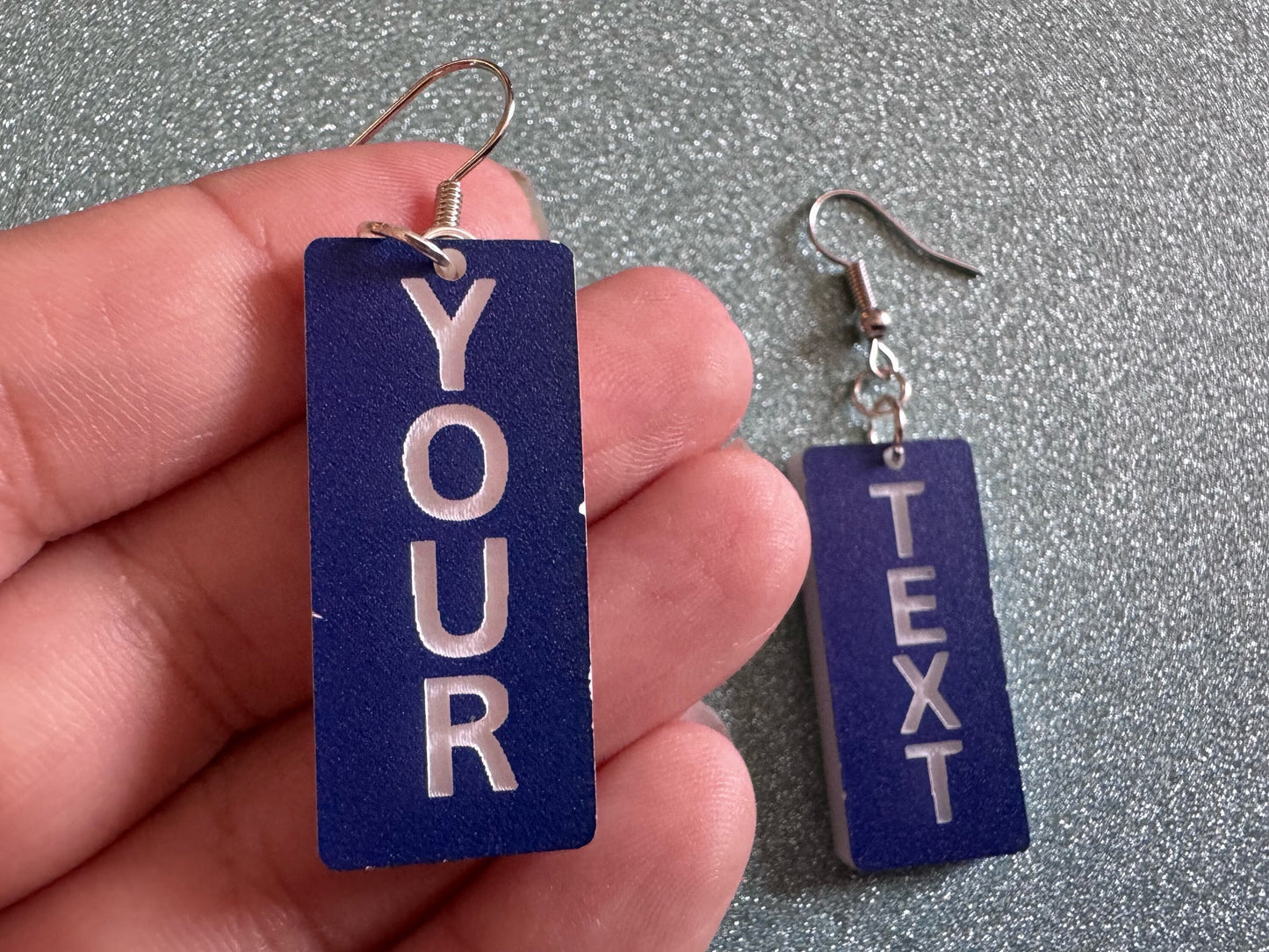 Custom Text Earrings: Laser Engraved Words, Blue with White Text, Letters, Names, Teacher Gift, Anniversary, Best Gifts for Her/Him/Them