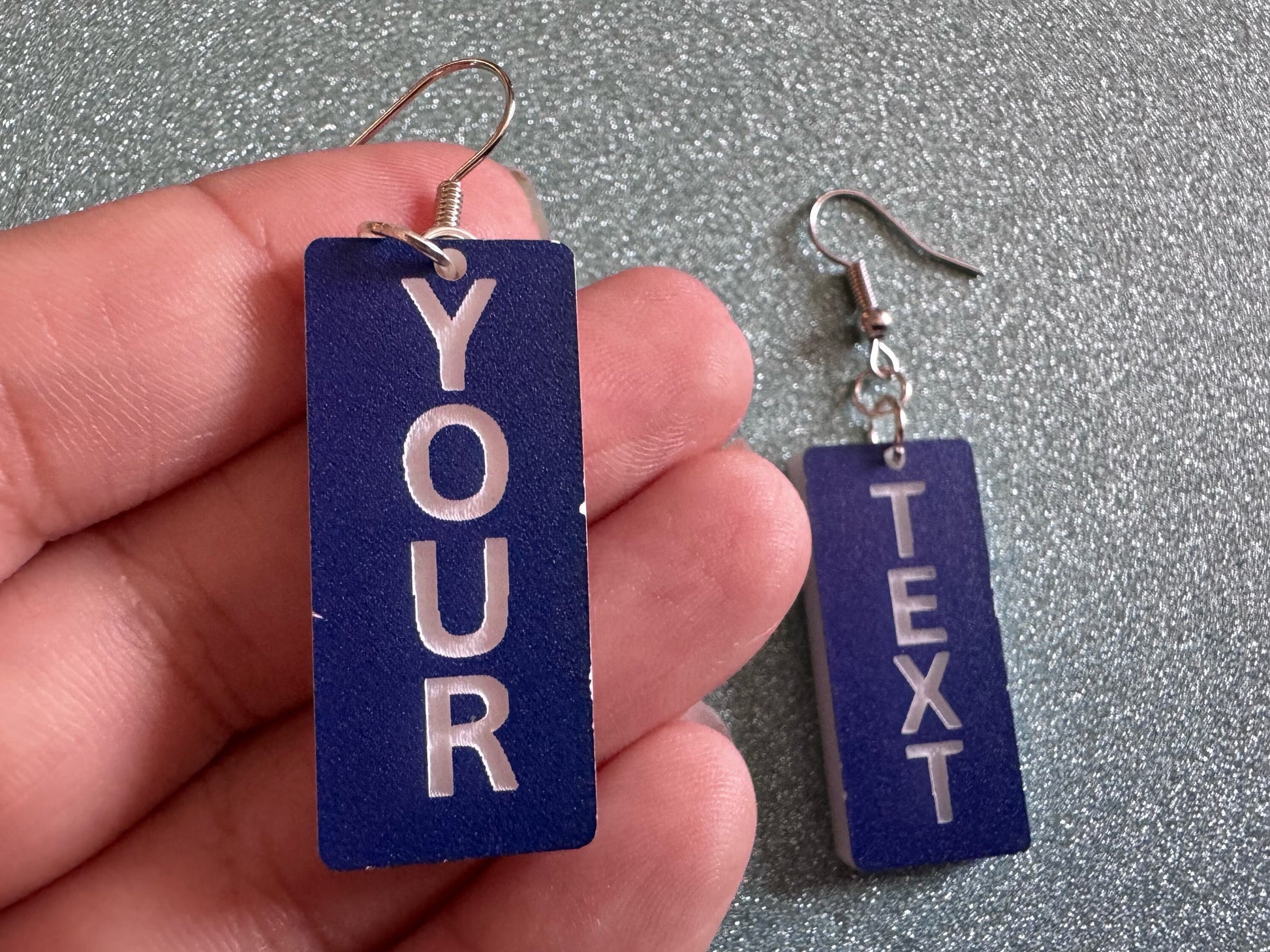 Custom Text Earrings: Laser Engraved Words, Blue with White Text, Letters, Names, Teacher Gift, Anniversary, Best Gifts for Her/Him/Them