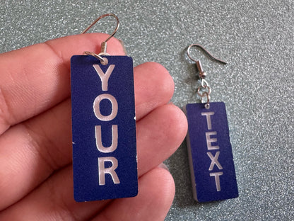 Custom Text Earrings: Laser Engraved Words, Blue with White Text, Letters, Names, Teacher Gift, Anniversary, Best Gifts for Her/Him/Them