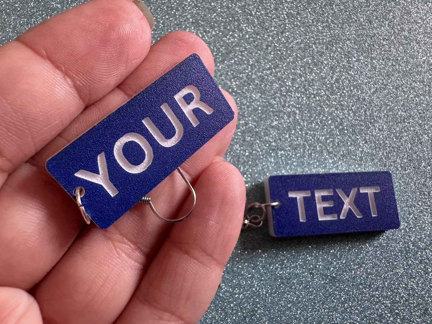 Custom Text Earrings: Laser Engraved Words, Blue with White Text, Letters, Names, Teacher Gift, Anniversary, Best Gifts for Her/Him/Them