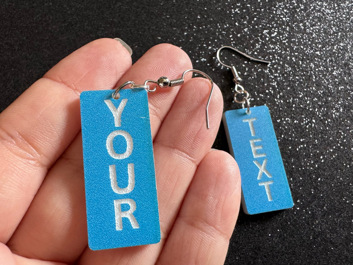 Custom Text Earrings: Laser Engraved Words, Blue with White Text, Letters, Names, Teacher Gift, Anniversary, Best Gifts for Her/Him/Them