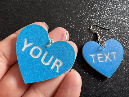 Custom Text Earrings: Laser Engraved Words, Blue with White Text, Letters, Names, Teacher Gift, Anniversary, Best Gifts for Her/Him/Them