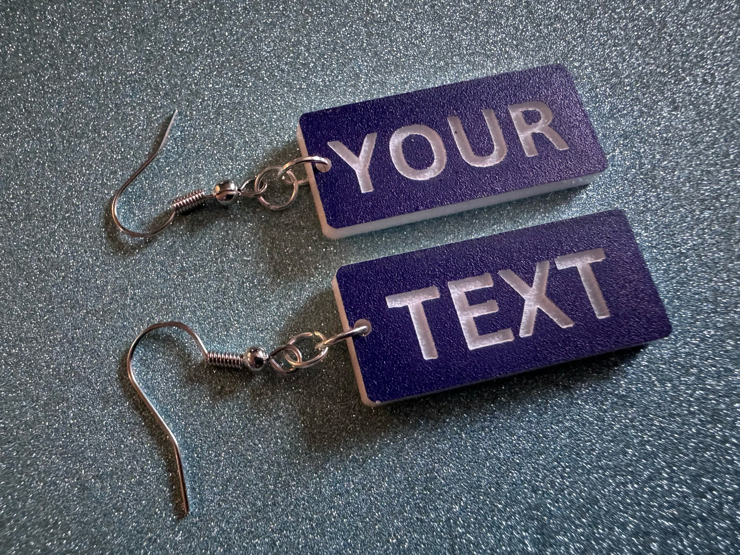 Custom Text Earrings: Laser Engraved Words, Blue with White Text, Letters, Names, Teacher Gift, Anniversary, Best Gifts for Her/Him/Them