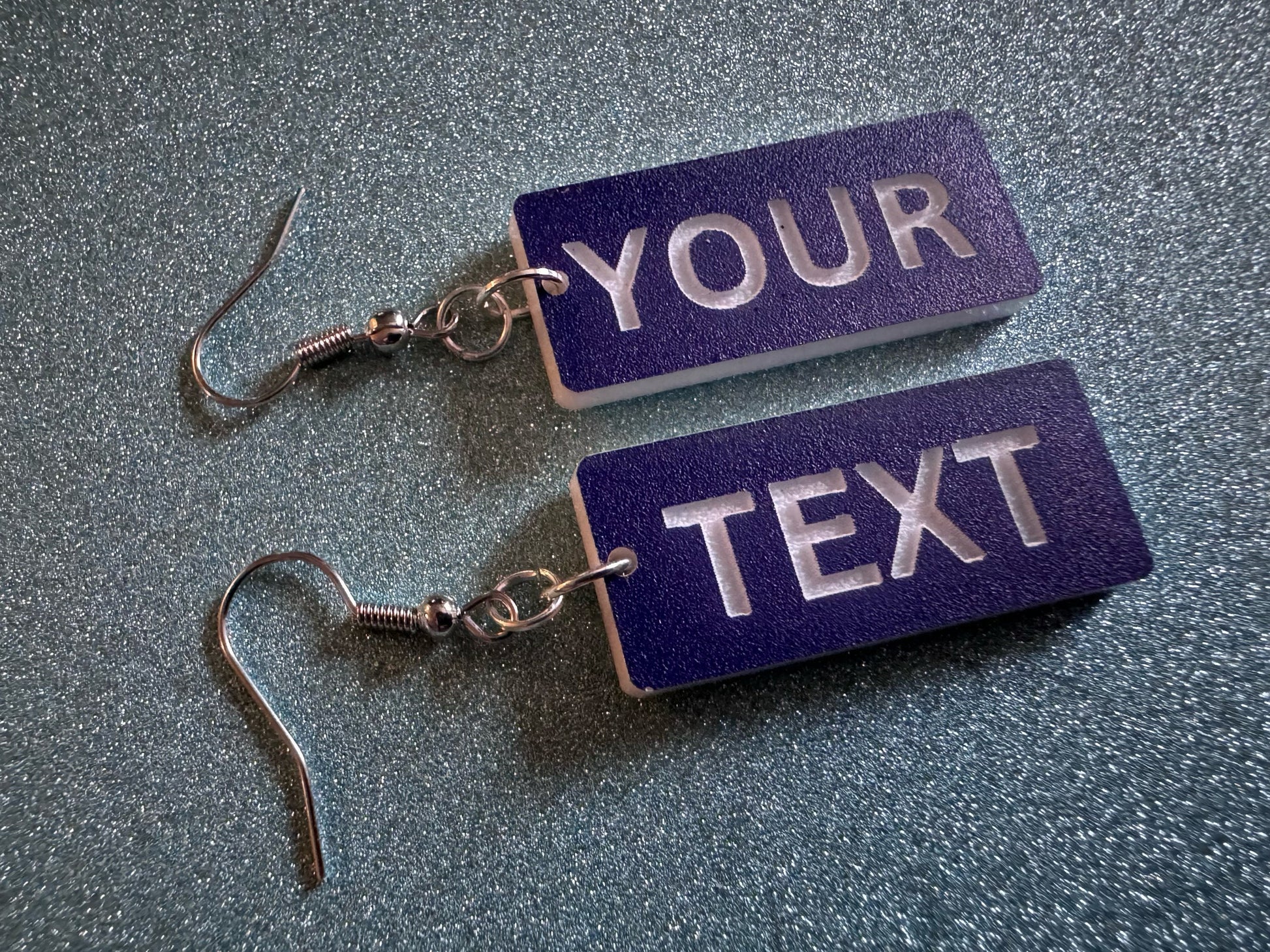 Custom Text Earrings: Laser Engraved Words, Blue with White Text, Letters, Names, Teacher Gift, Anniversary, Best Gifts for Her/Him/Them