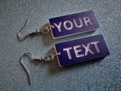 Custom Text Earrings: Laser Engraved Words, Blue with White Text, Letters, Names, Teacher Gift, Anniversary, Best Gifts for Her/Him/Them