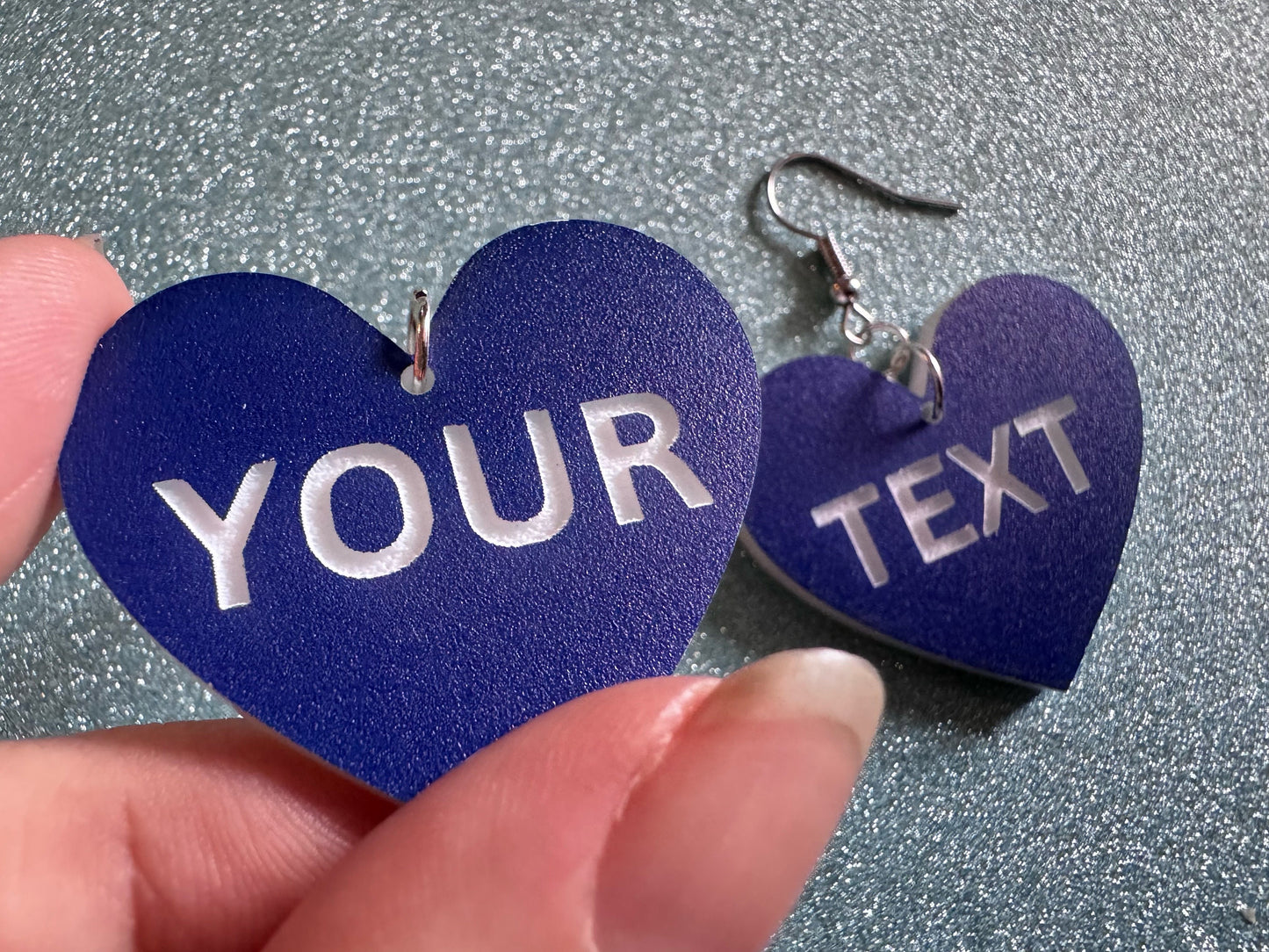 Custom Text Earrings: Laser Engraved Words, Blue with White Text, Letters, Names, Teacher Gift, Anniversary, Best Gifts for Her/Him/Them