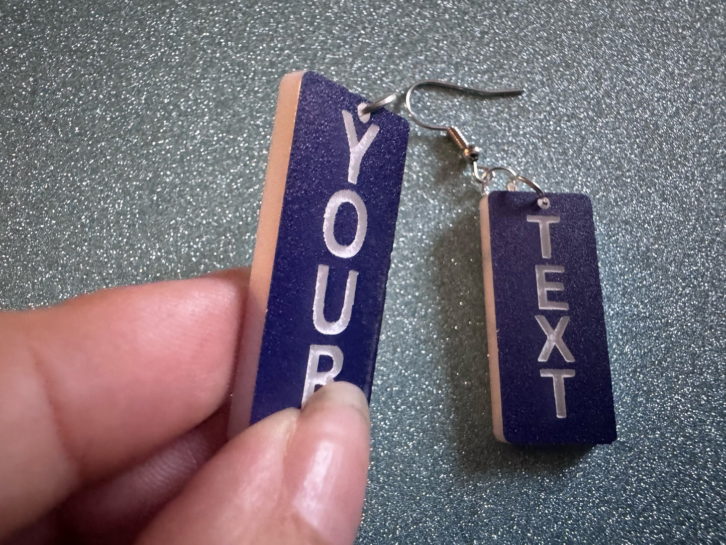 Custom Text Earrings: Laser Engraved Words, Blue with White Text, Letters, Names, Teacher Gift, Anniversary, Best Gifts for Her/Him/Them