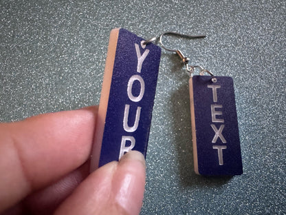 Custom Text Earrings: Laser Engraved Words, Blue with White Text, Letters, Names, Teacher Gift, Anniversary, Best Gifts for Her/Him/Them