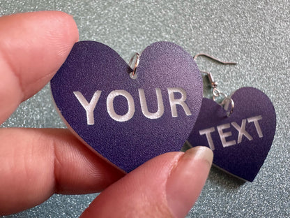 Custom Text Earrings: Laser Engraved Words, Blue with White Text, Letters, Names, Teacher Gift, Anniversary, Best Gifts for Her/Him/Them